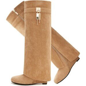 Women's Beige- Suede Pointy  Fold Over Wedge Knee Side Zipper Padlock Boot Heel